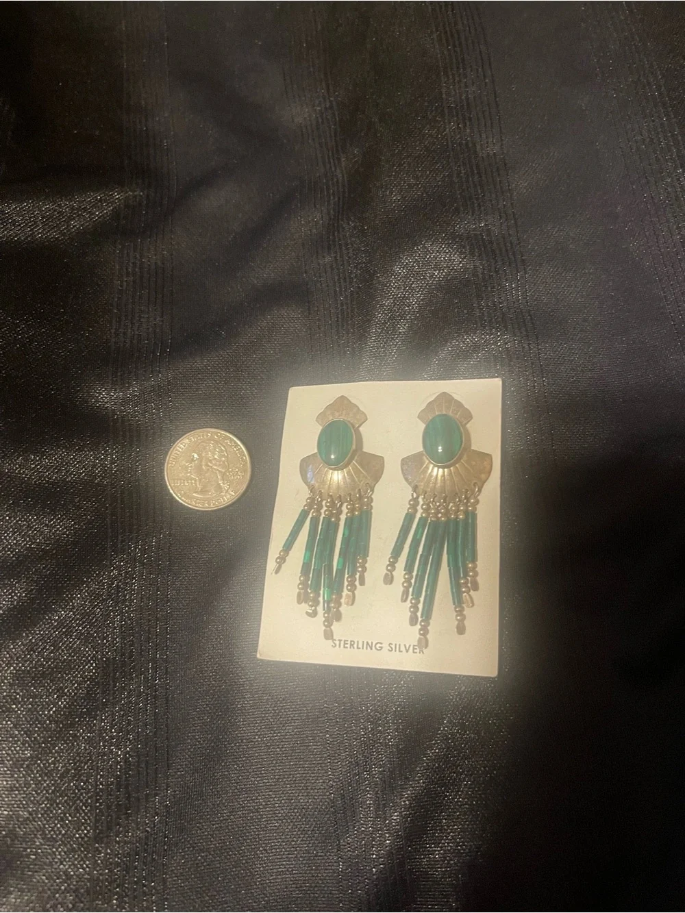 Navajo Sterling Silver and Malachite Stone Fringe Earrings
